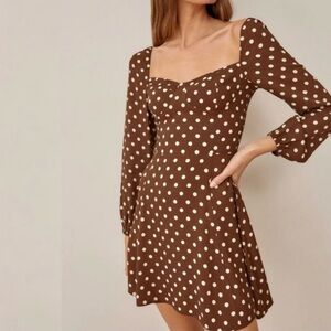 Reformation Juliette Brown Polka Dot Long Sleeve Dress